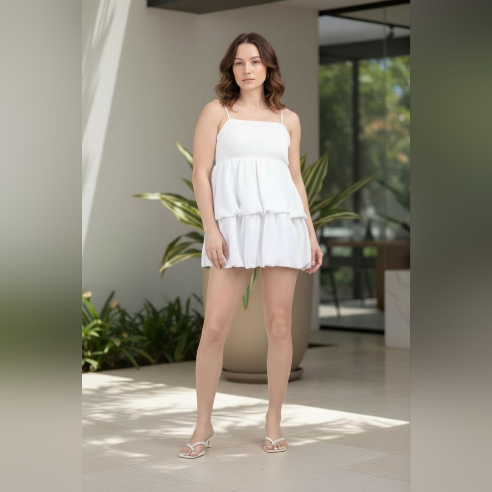 Sweet Apparel Tiered Bubble Mini Dress – White, Size M